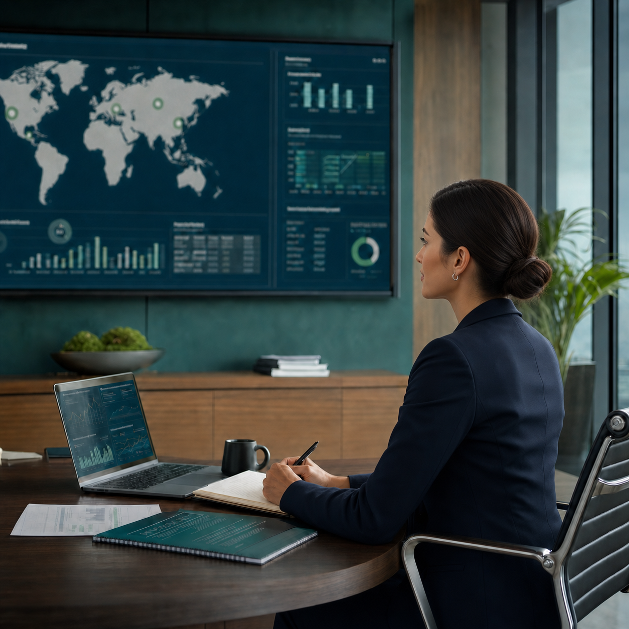 Executive reviewing global compliance and risk dashboards